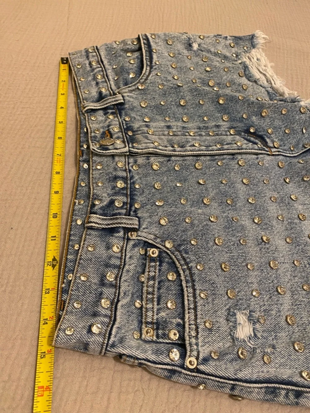 RETROFETE ANGEL EMBELLISHED DENIM SHORT Studded Distressed Denim - Blue. Size 28 - Picture 10 of 15